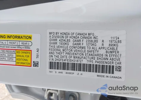 2025 Honda Civic Hybrid Sport/Sport Touring z USA, uszkodzony, nr VIN 2HGFE4F83SH318727